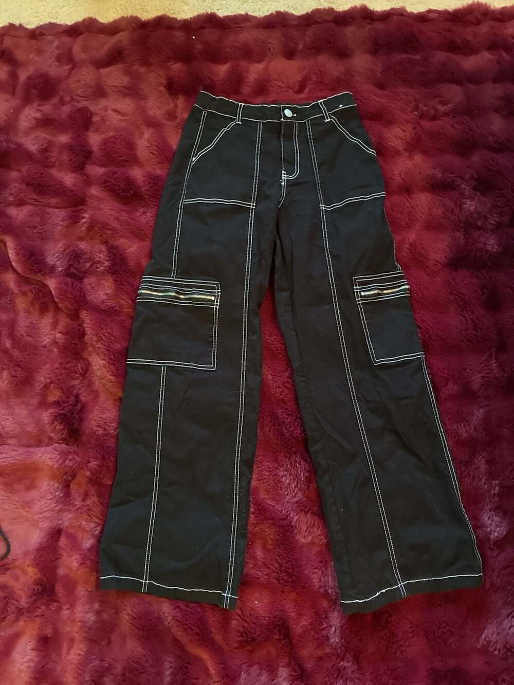 Rachel Paige Black Wide Leg Cargo Pants w/ Contrast White Stitching Sz M A560